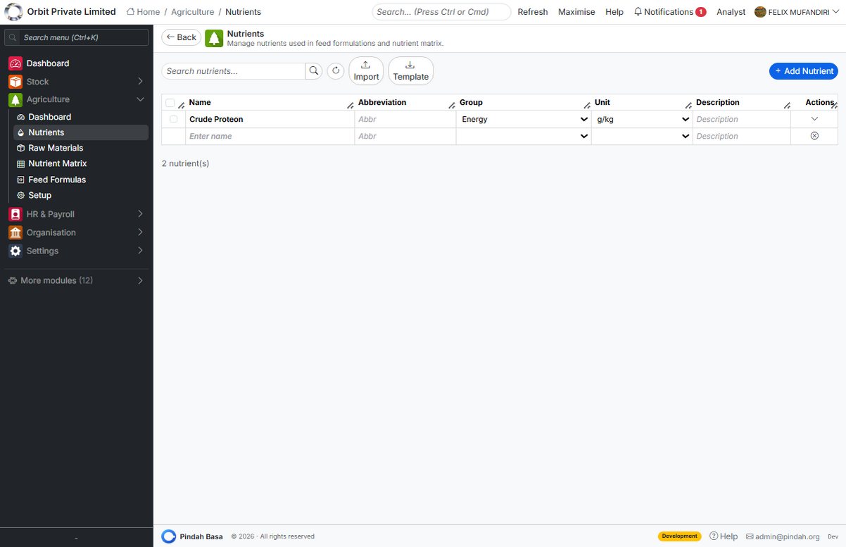 Screenshot: Nutrients list