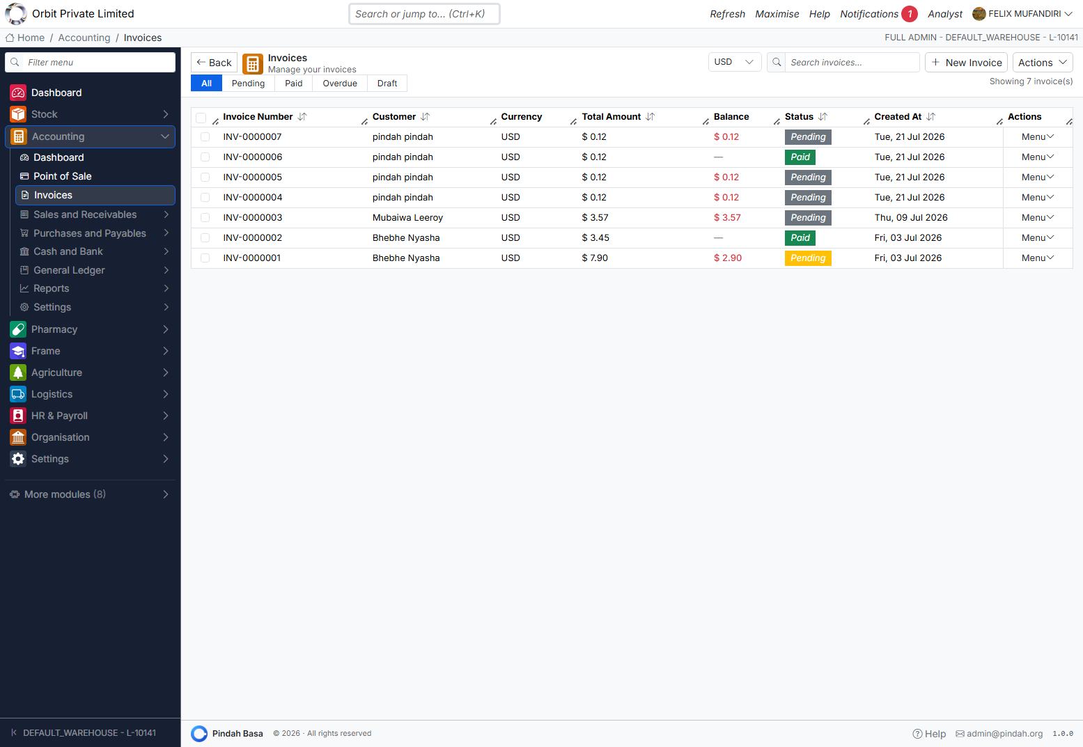 Screenshot: Invoices list