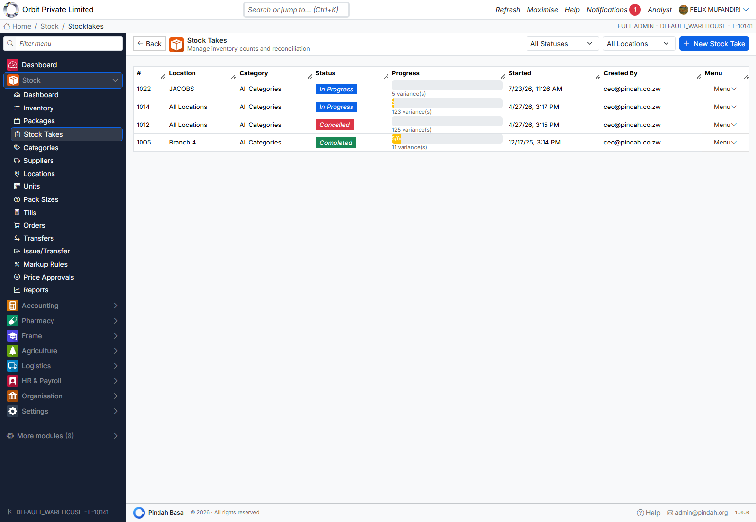 Screenshot: Stock takes