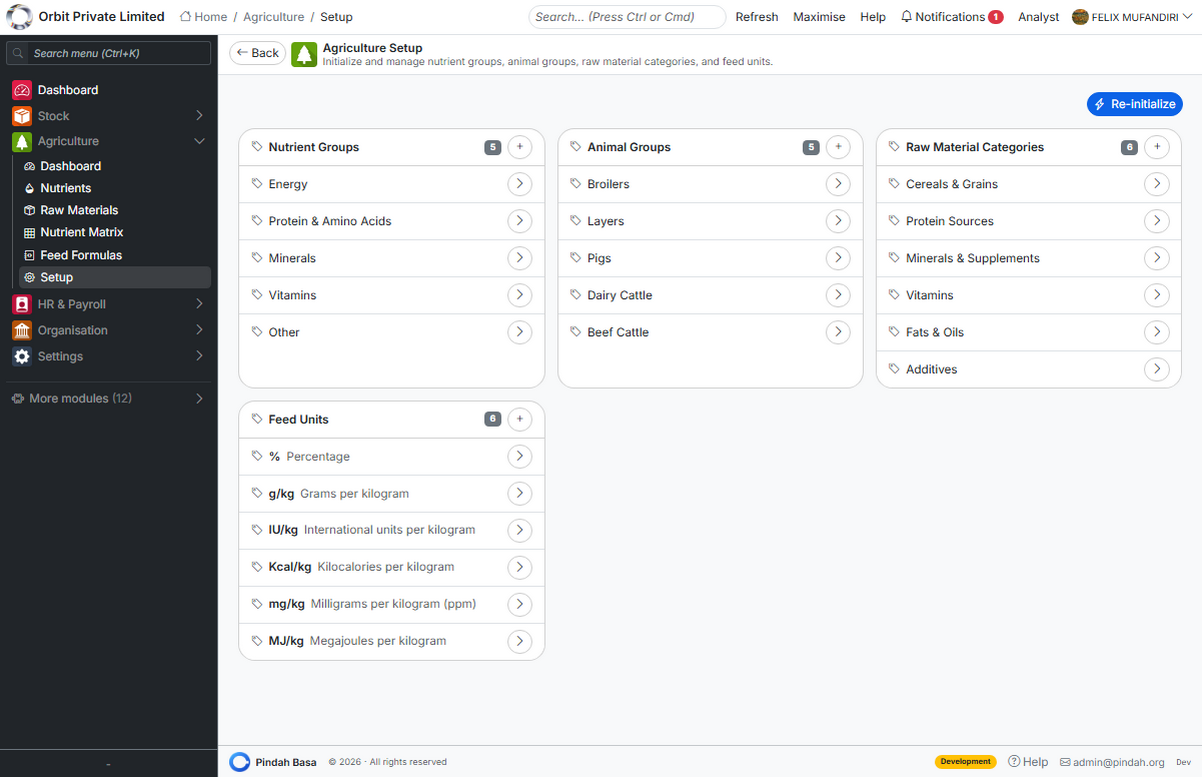 Screenshot: Agriculture setup