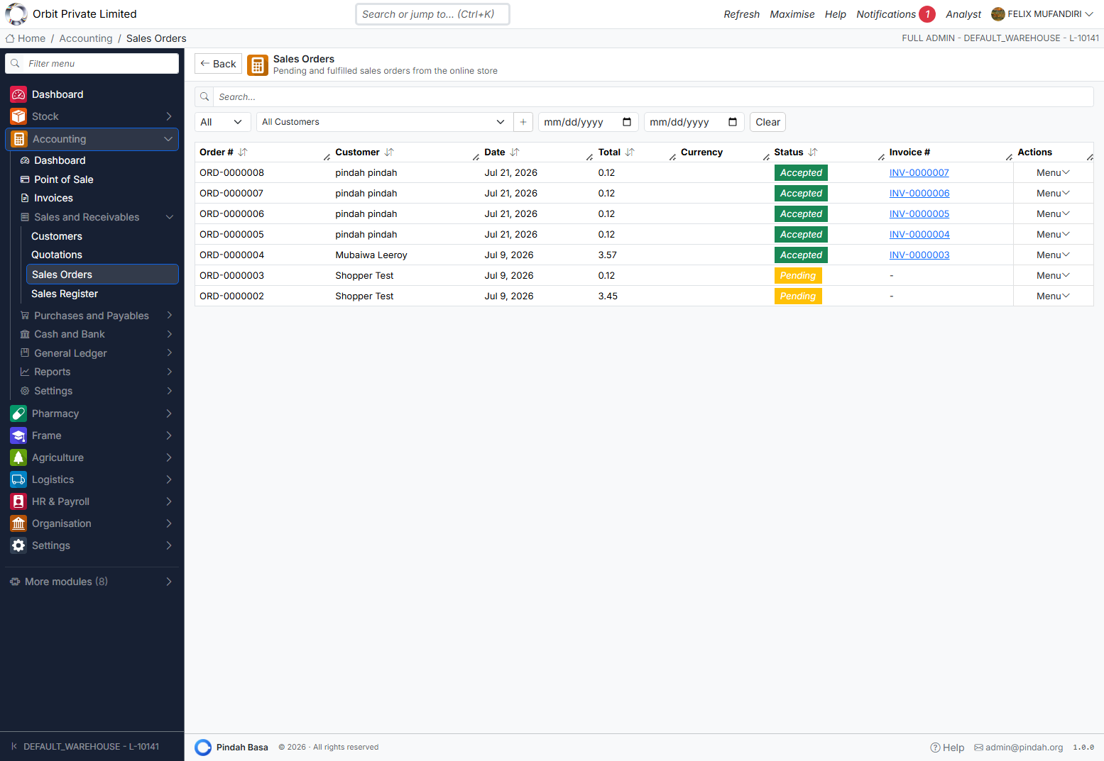 Screenshot: Sales orders