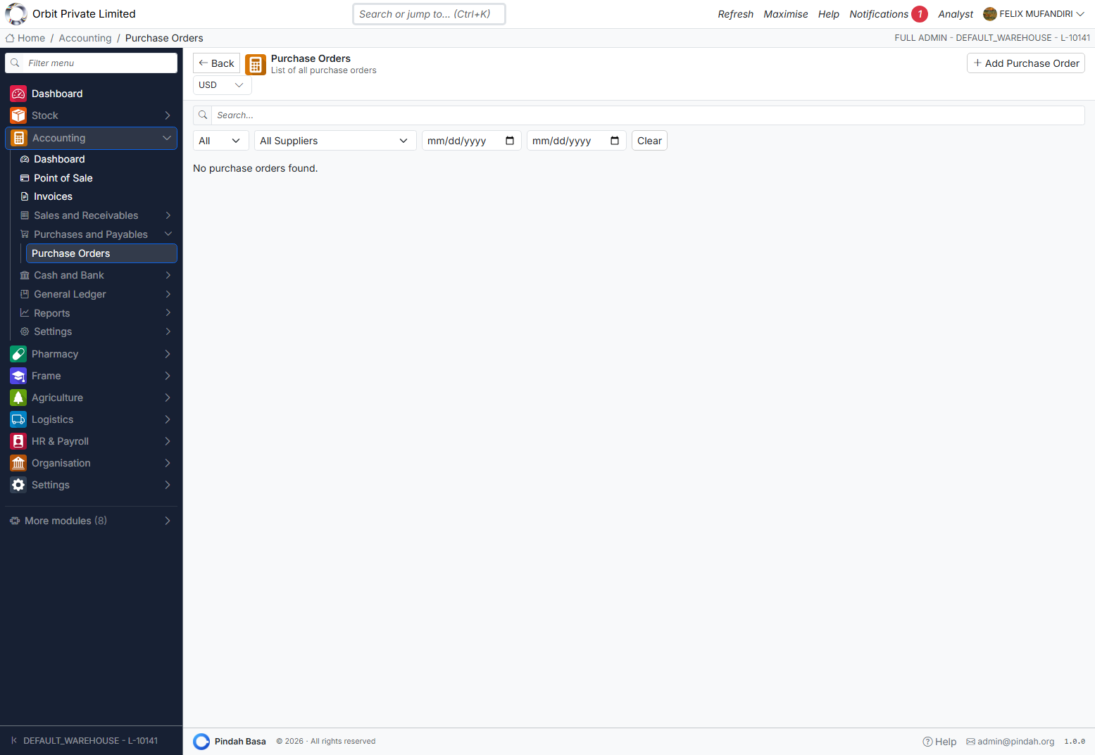 Screenshot: Purchase orders