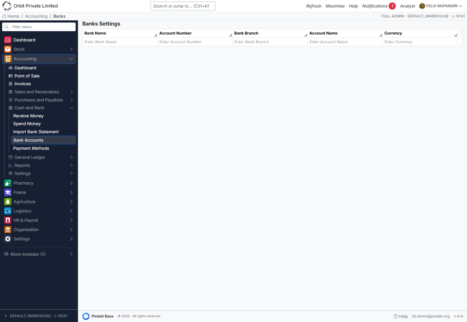 Screenshot: Banks settings