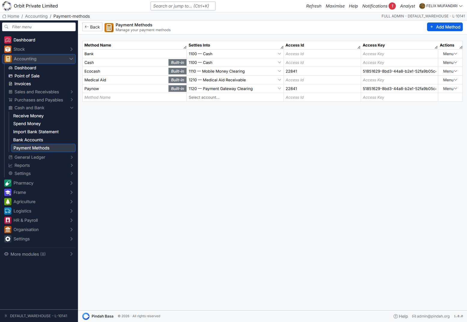 Screenshot: Payment methods