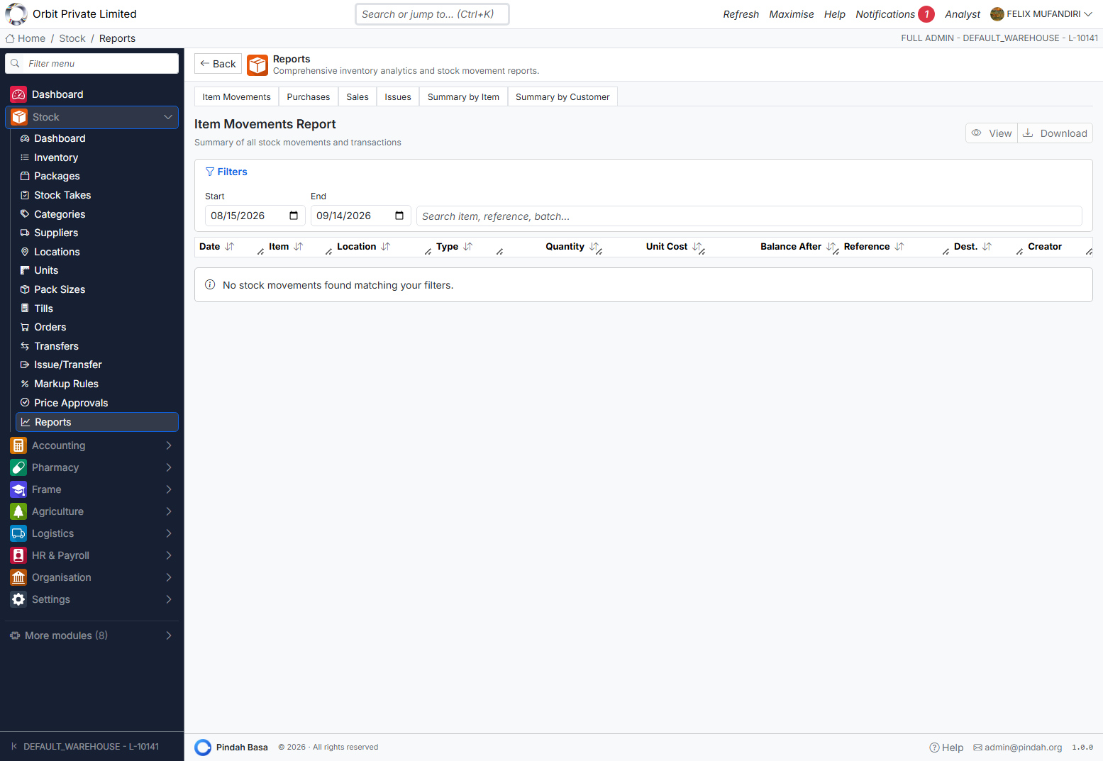 Screenshot: Stock reports