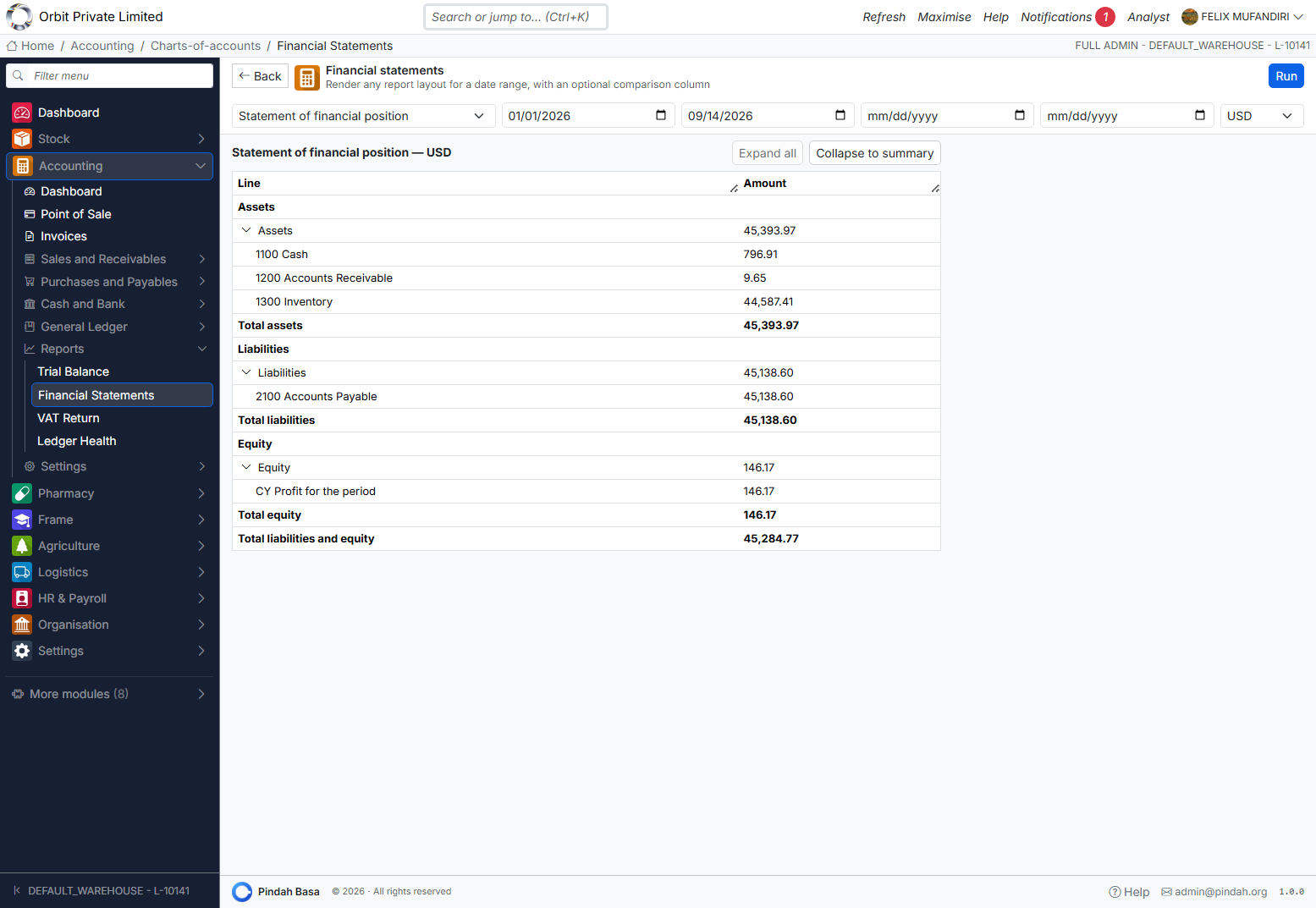Screenshot: Financial statements