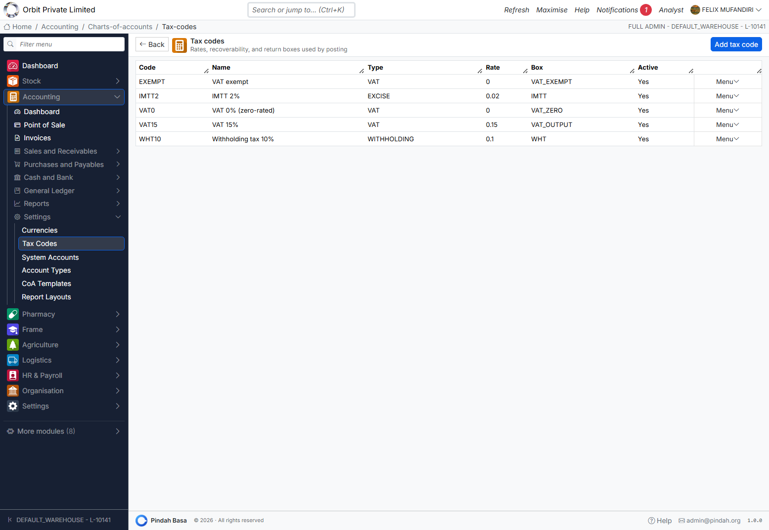 Screenshot: Tax codes